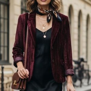 Lana Lee Burgundy Crushed Velvet Blazer L Vintage Bohemian Romance